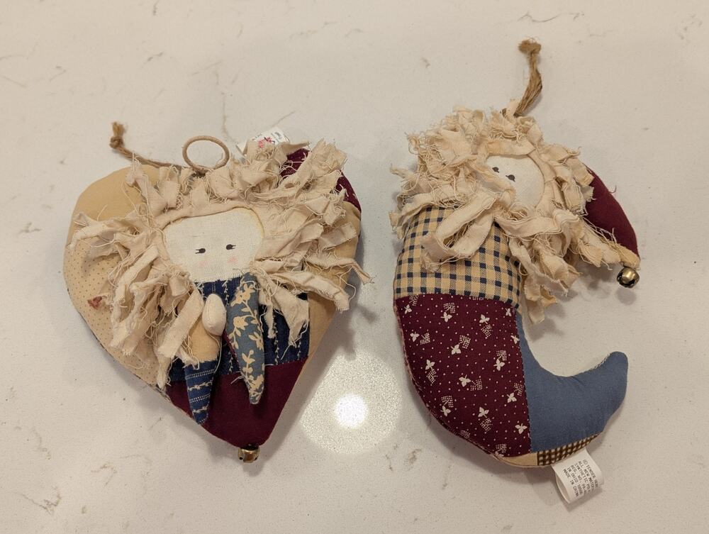 Vtg Plush Heart & Moon Wall Hanging Ornament Patchwork Rag Fabric Primitive
